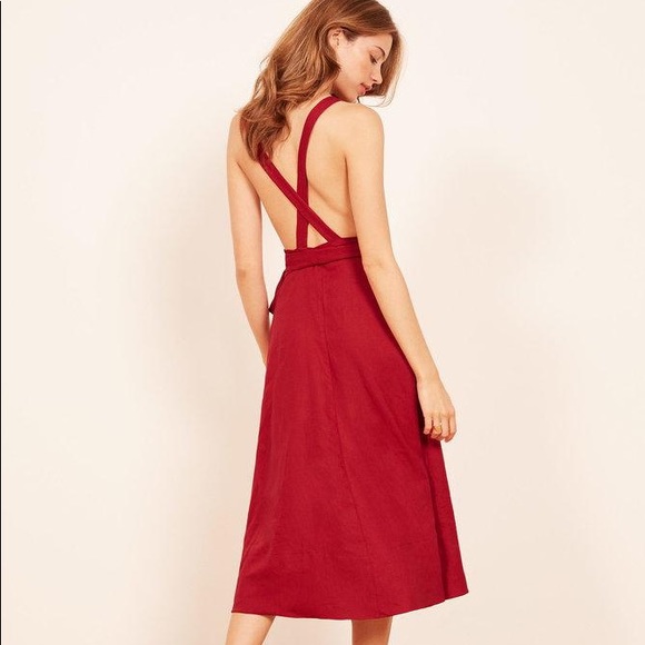 Reformation Red Linen Maggie V Neck Wrap Dress - Picture 2 of 16